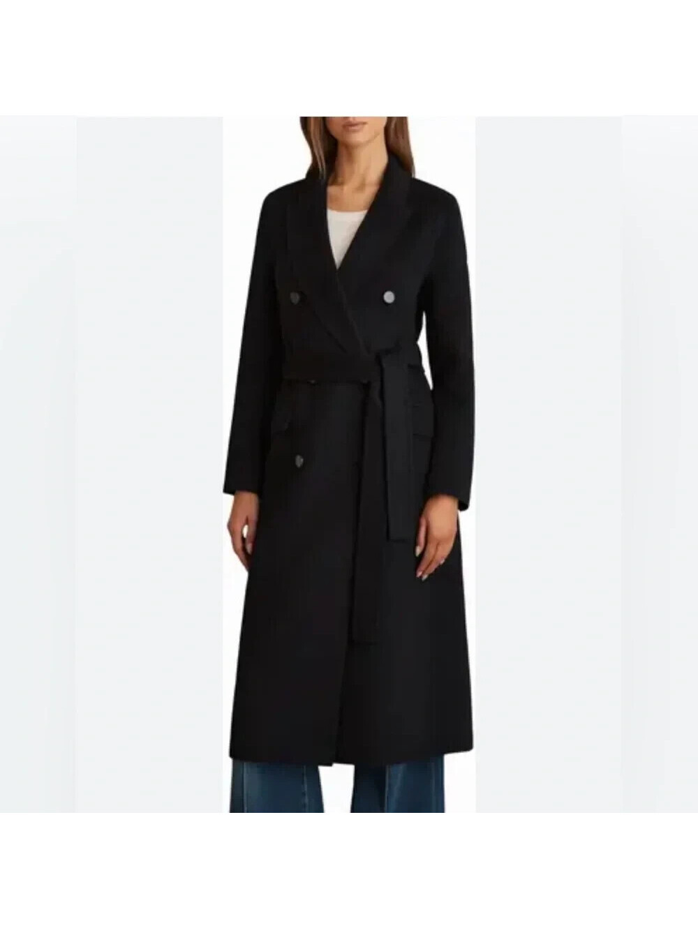 NWT, REISS Maeve Belted Double Breasted Wool Blend Coat in Black Sz 8 #W212